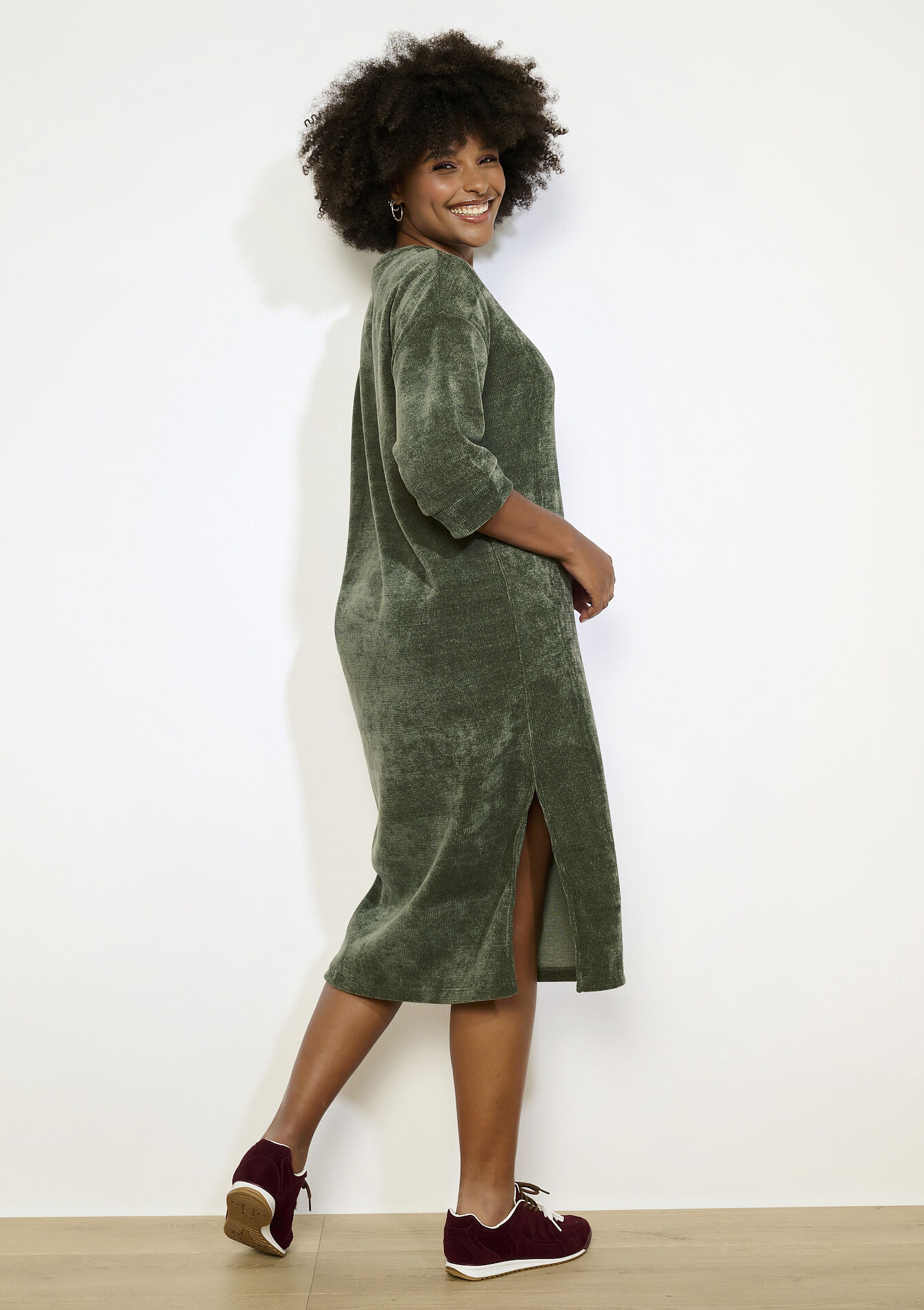 Ribfluwelen midi-jurk, Ribfluwelen midi-jurk - KHAKI DARKY - 08104371_4208