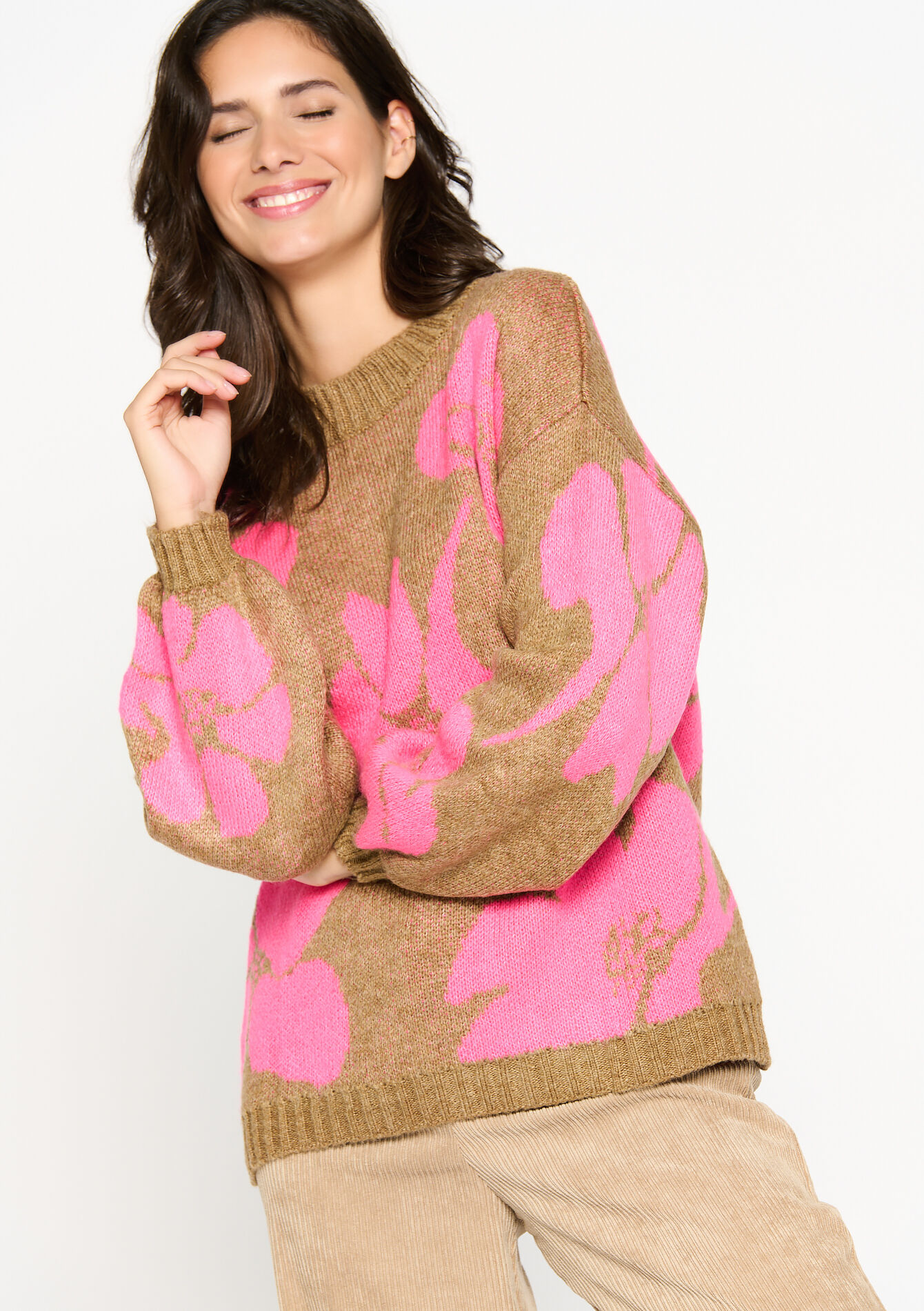 Jacquard trui met bloemenprint, Jacquard trui met bloemenprint - CAMEL GINGER - 04006342_3831