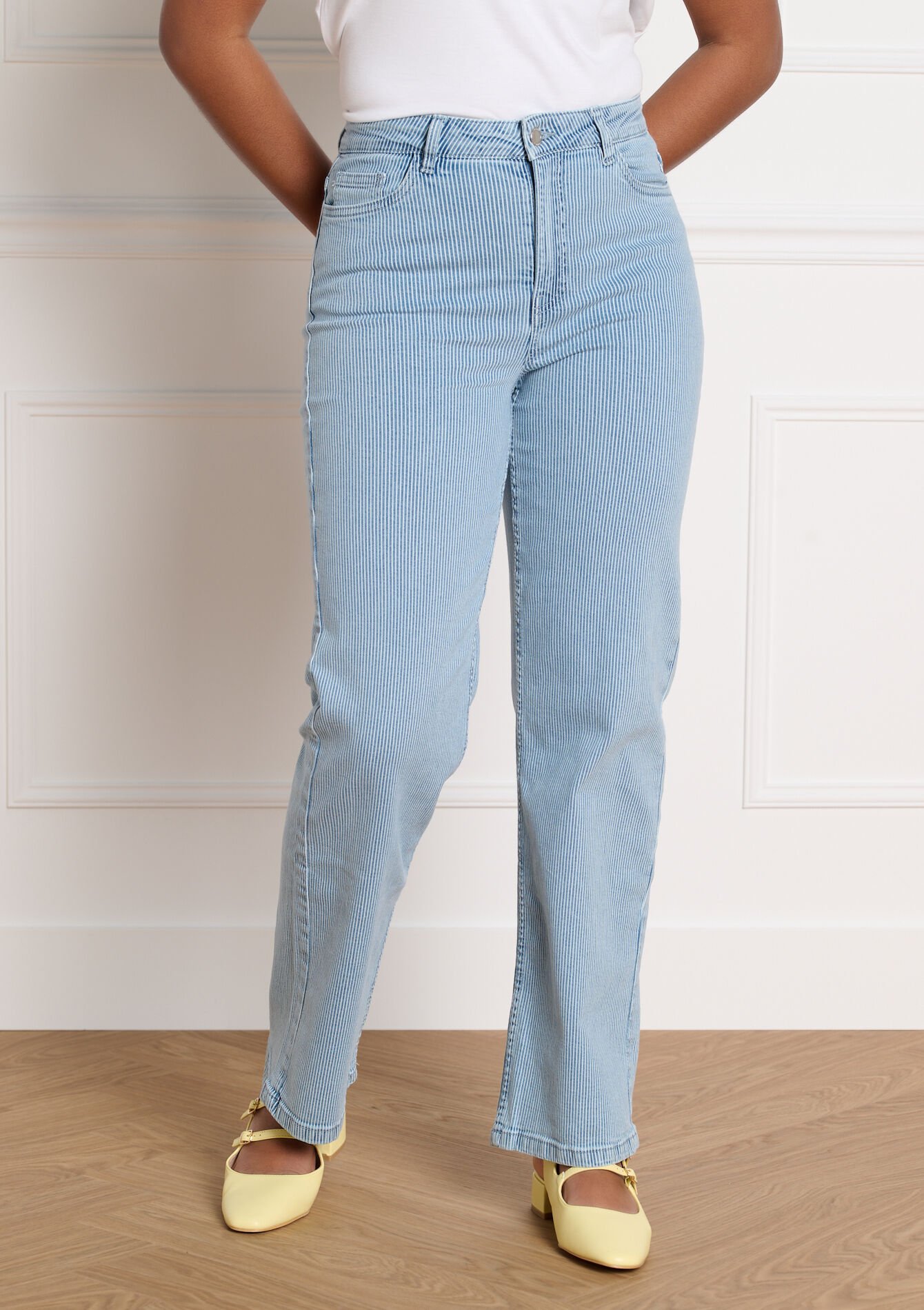 Gestreepte denim broek met rechte pijpen - BLUE DENIM - 06004675_1638