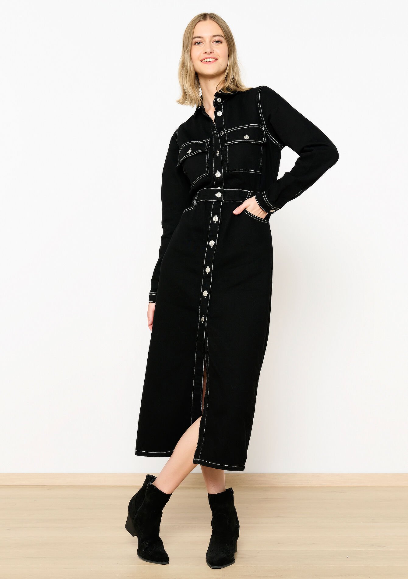 Denim midi-jurk, Denim midi-jurk - BLACK - 08103719_0503