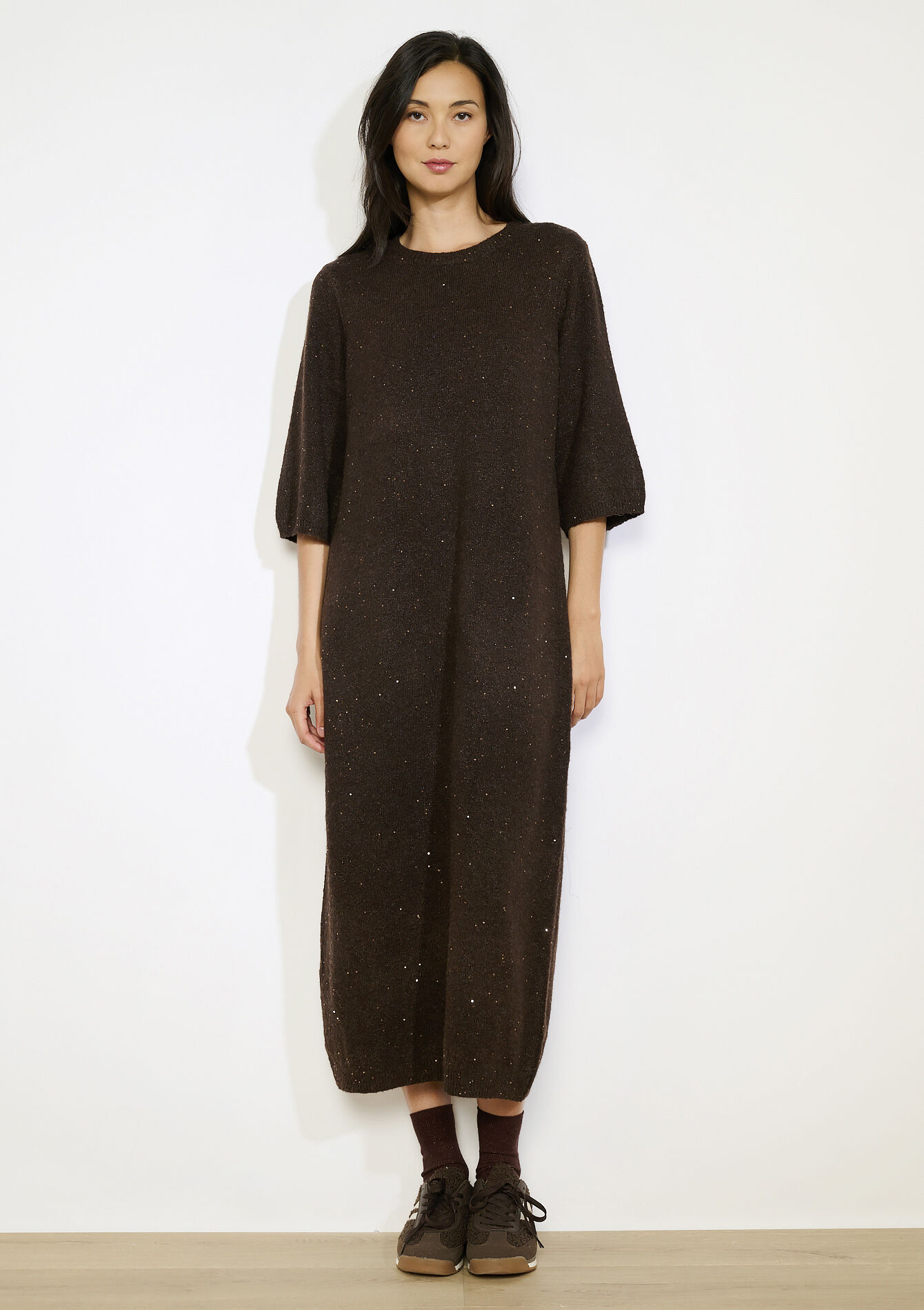 midi gebreide jurk met pailletten, midi gebreide jurk met pailletten - CAMEL BROWN - 08104076_3818