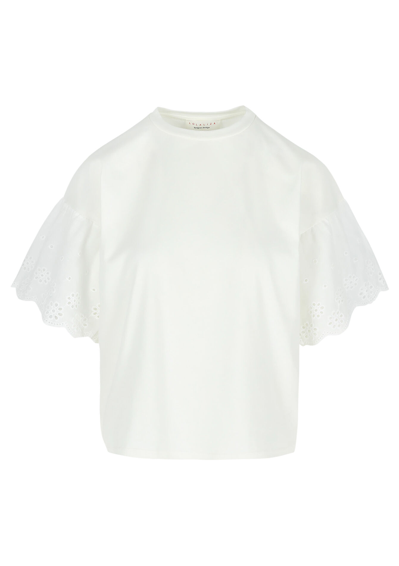 T-shirt met broderiemouwen, T-shirt met broderiemouwen - OPTICAL WHITE - 02301824_1019