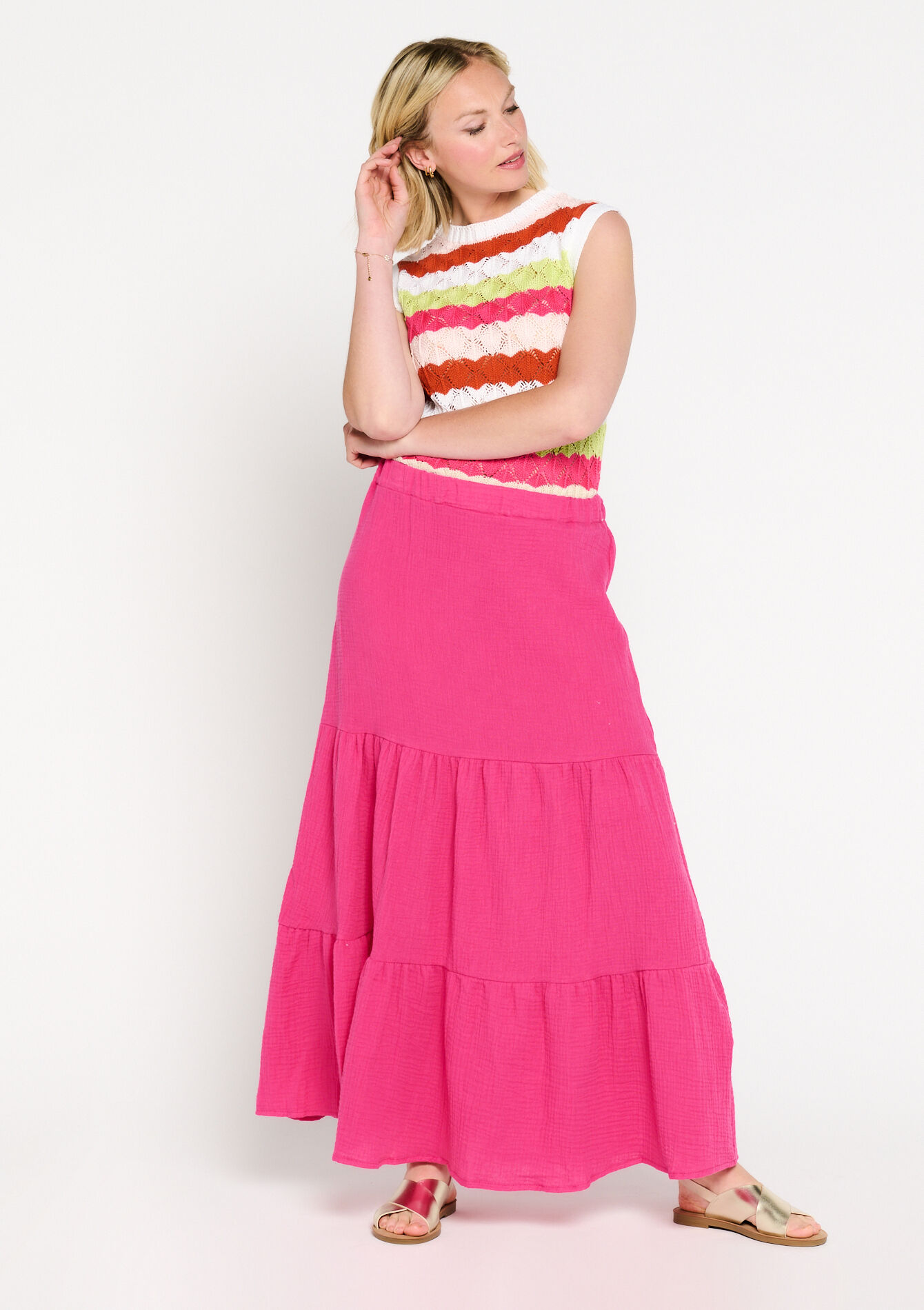 Jupe longue en gaze de coton, Jupe longue en gaze de coton - FUCHSIA PINK - 07101109_2518