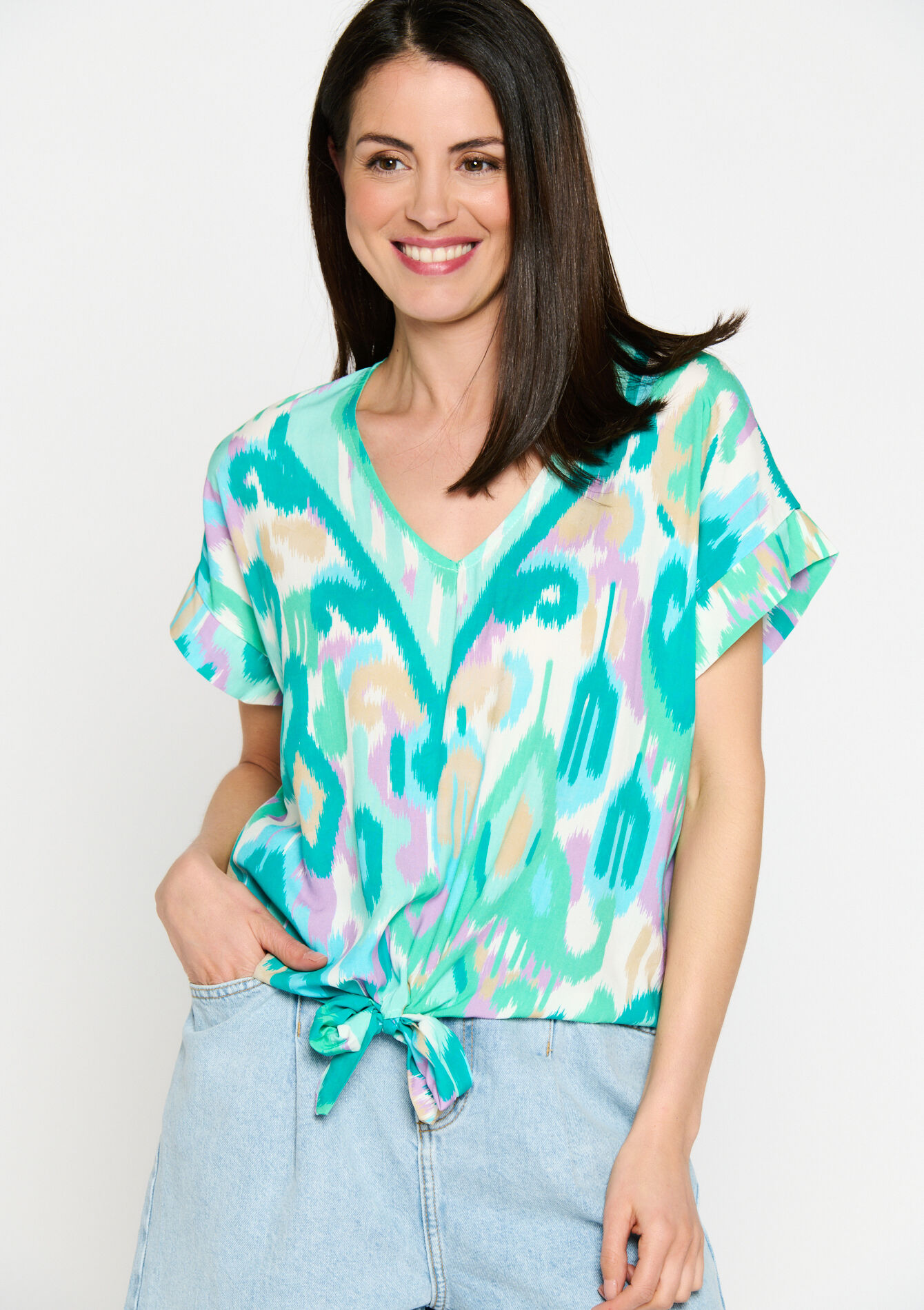 Blouse with ikat print, Blouse with ikat print - TURQUOISE - 05702240_1759