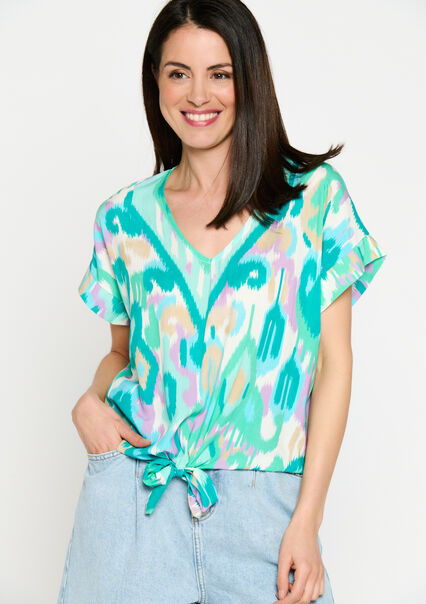 Blouse with ikat print - TURQUOISE - 05702240_1759