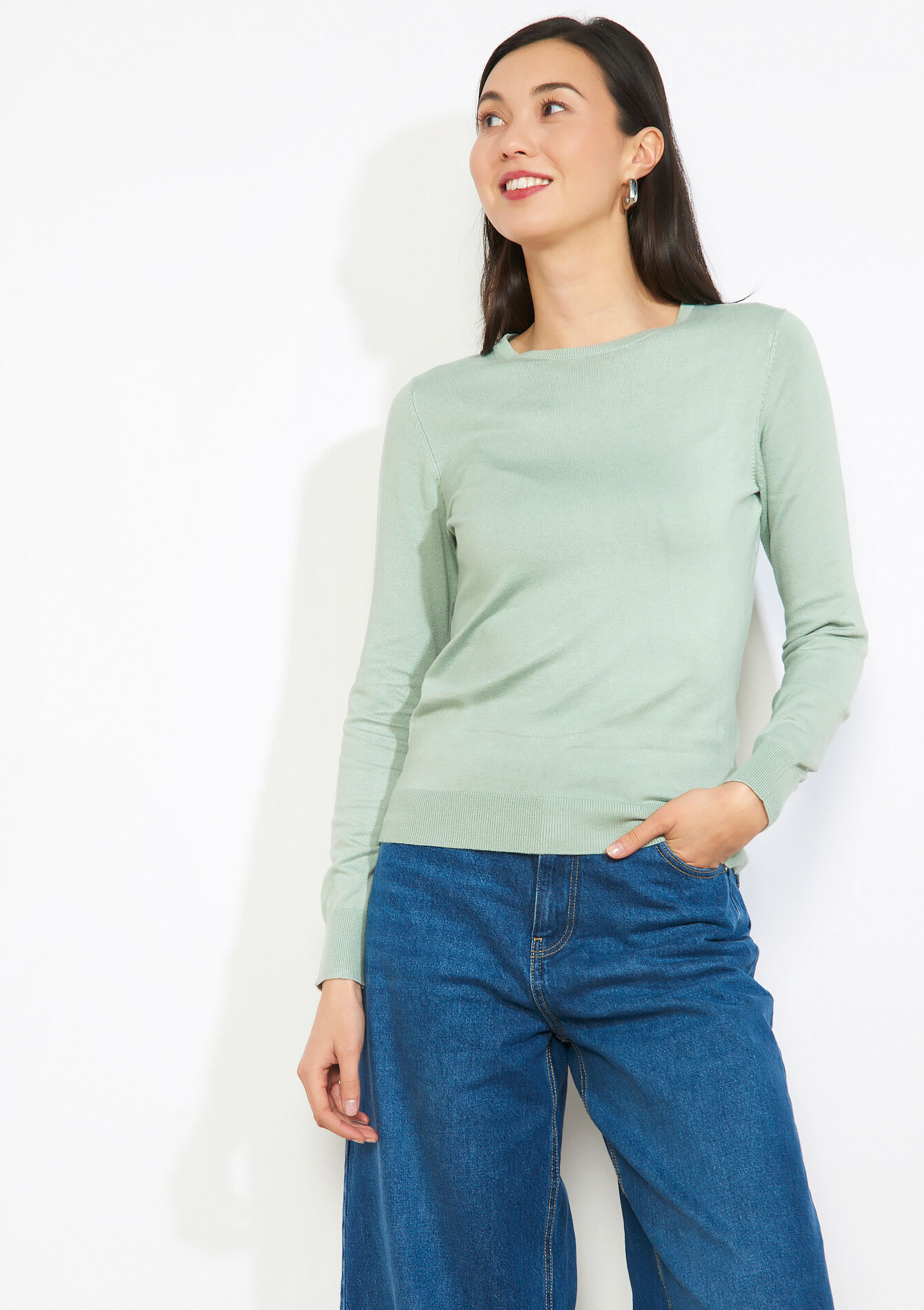 Fijne ronde hals trui - KHAKI MINT - 04007019_2542