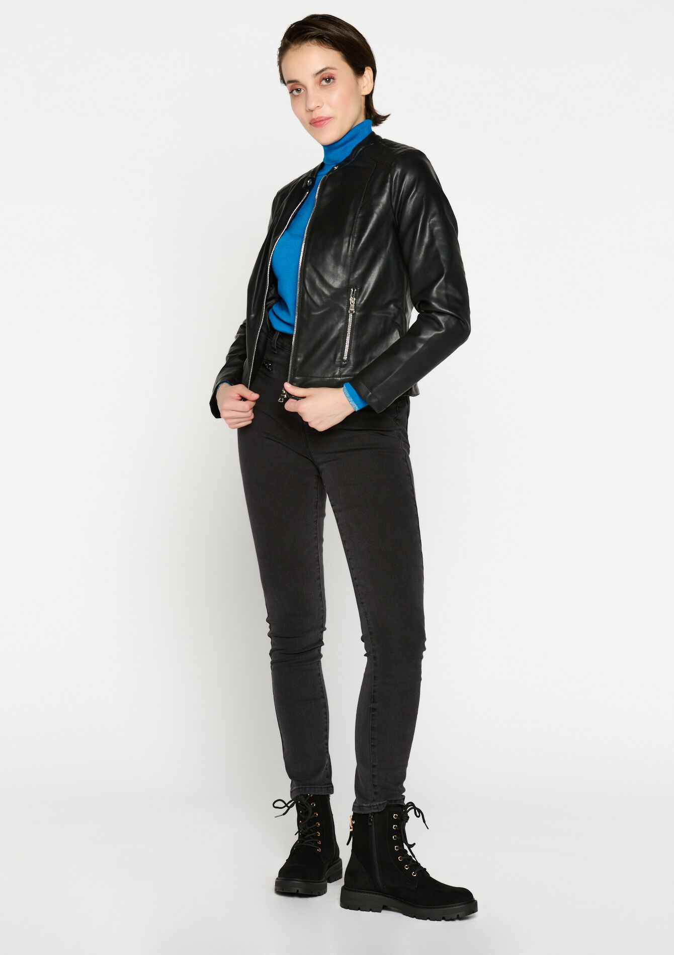 Kraagloze faux lederen jas, Kraagloze faux lederen jas - BLACK - 09100761_1119