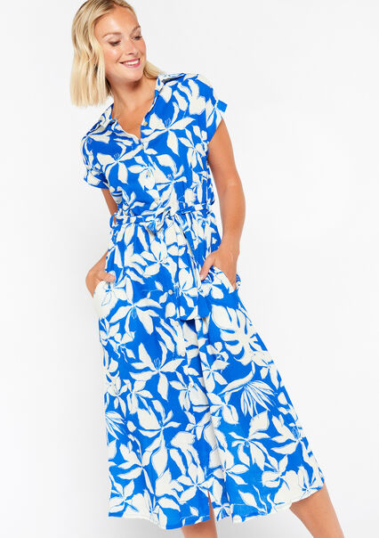Linen dress with tropical print - ELECTRIC BLUE - 08602000_1619