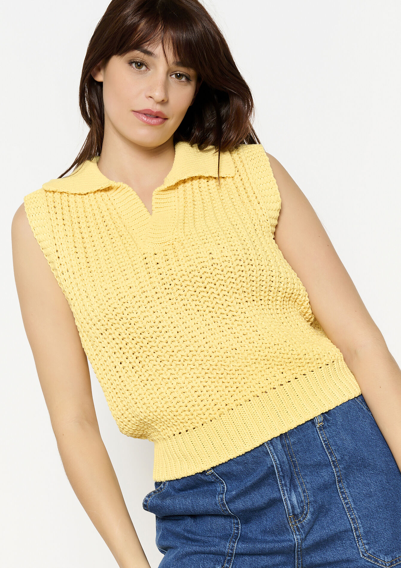 Open-knit sleeveless polo top, Open-knit sleeveless polo top - YELLOW SUN - 04006959_5007