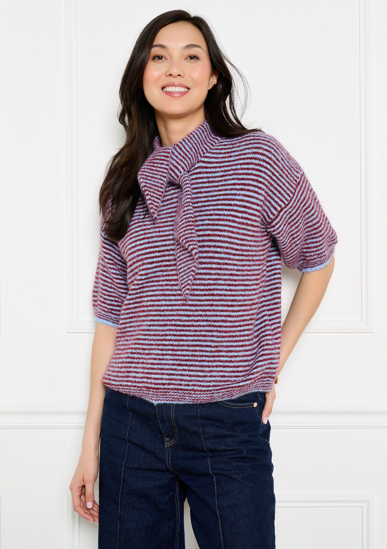 Gestreepte trui met korte mouwen - LT BLUE - 04007220_2519