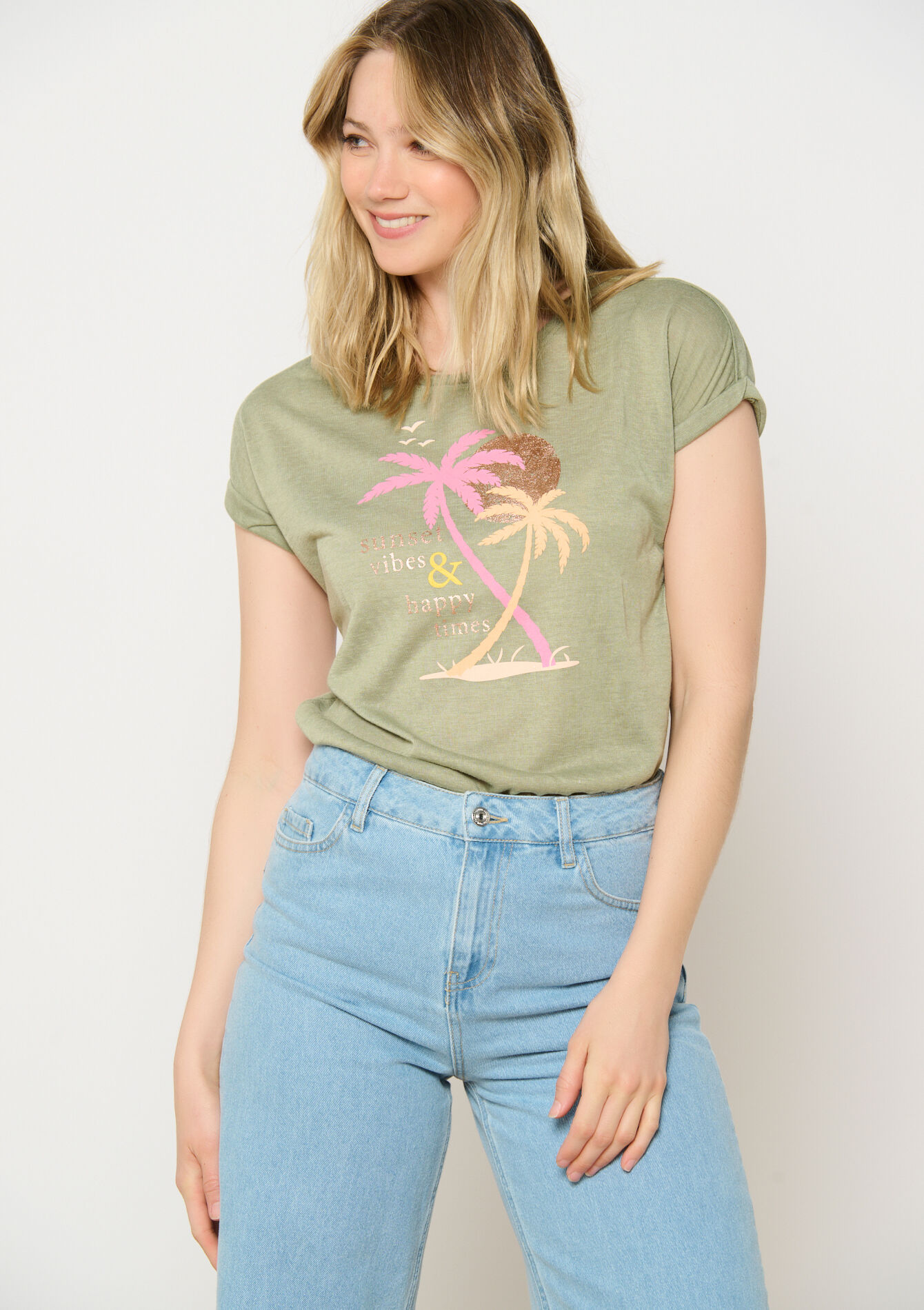Tropical print t-shirt - KHAKI FADED - 02301690_4326