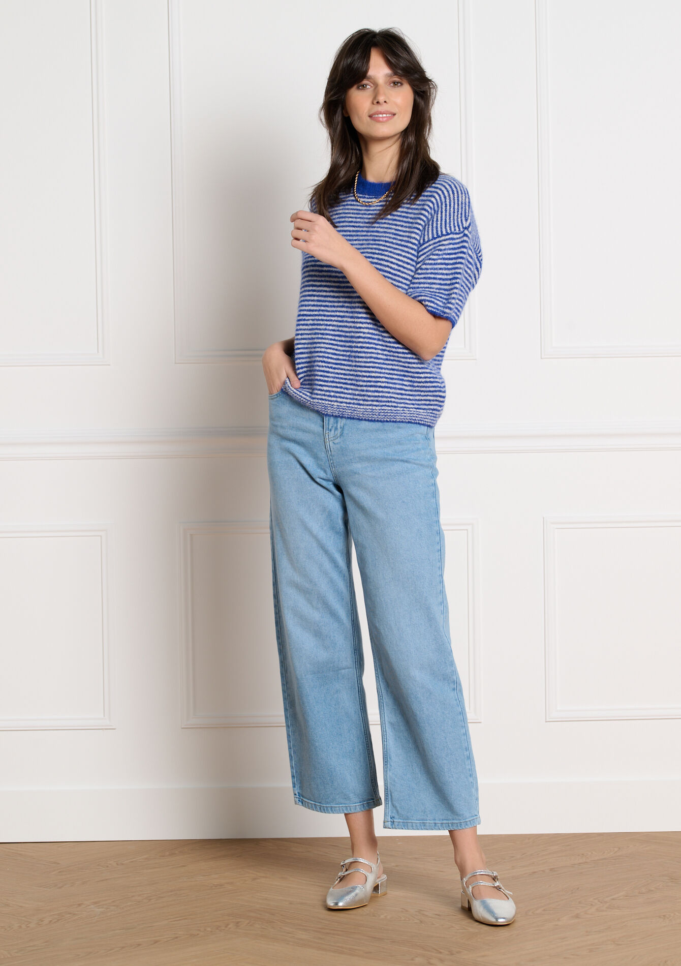 Gestreepte trui met korte mouwen - ELECTRIC BLUE - 04007224_1619