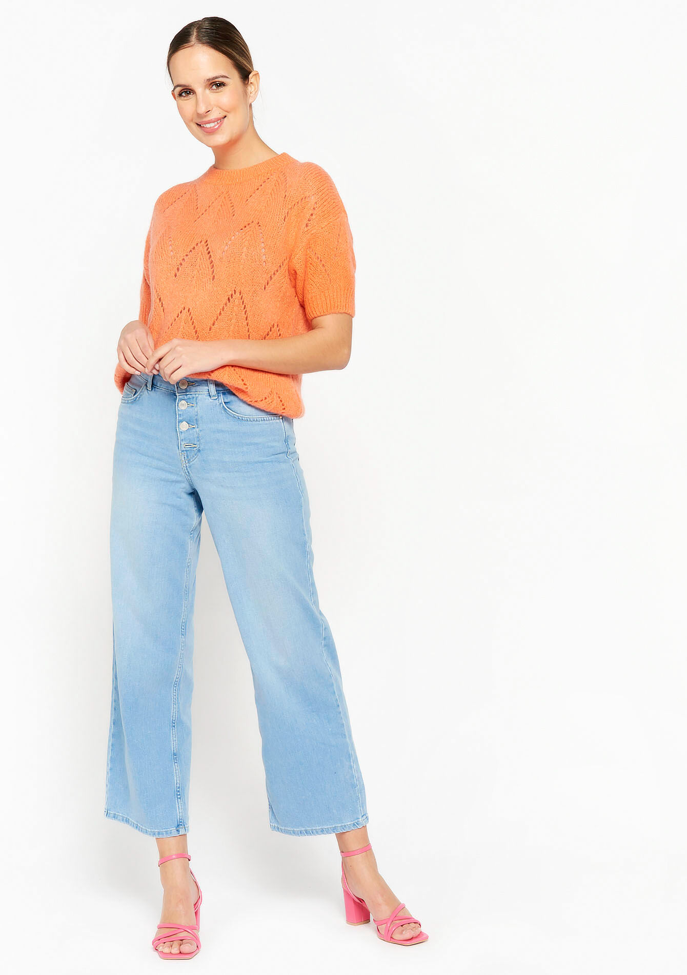 Open-knit pullover with short sleeves, Open-knit pullover with short sleeves - ORANGE PASTEL - 04006109_1267