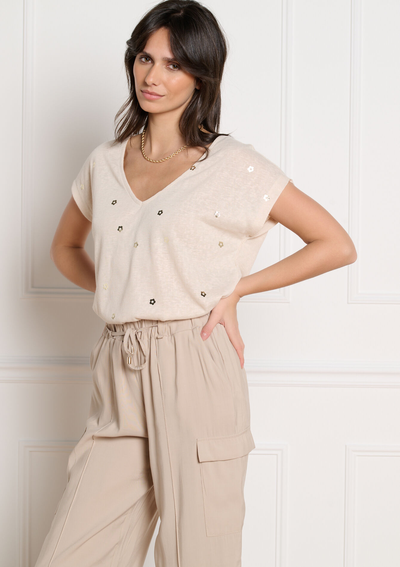 T-shirt met folieprint - LT BEIGE - 02301945_2527