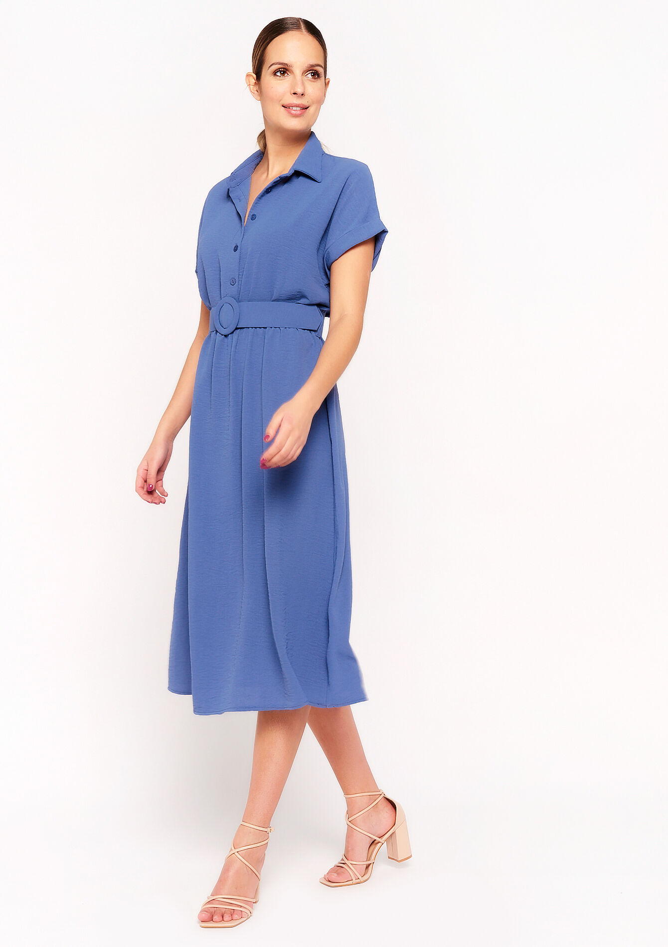 Midi dress with polo collar, Midi dress with polo collar - MEDIUM BLUE - 08601892_0500