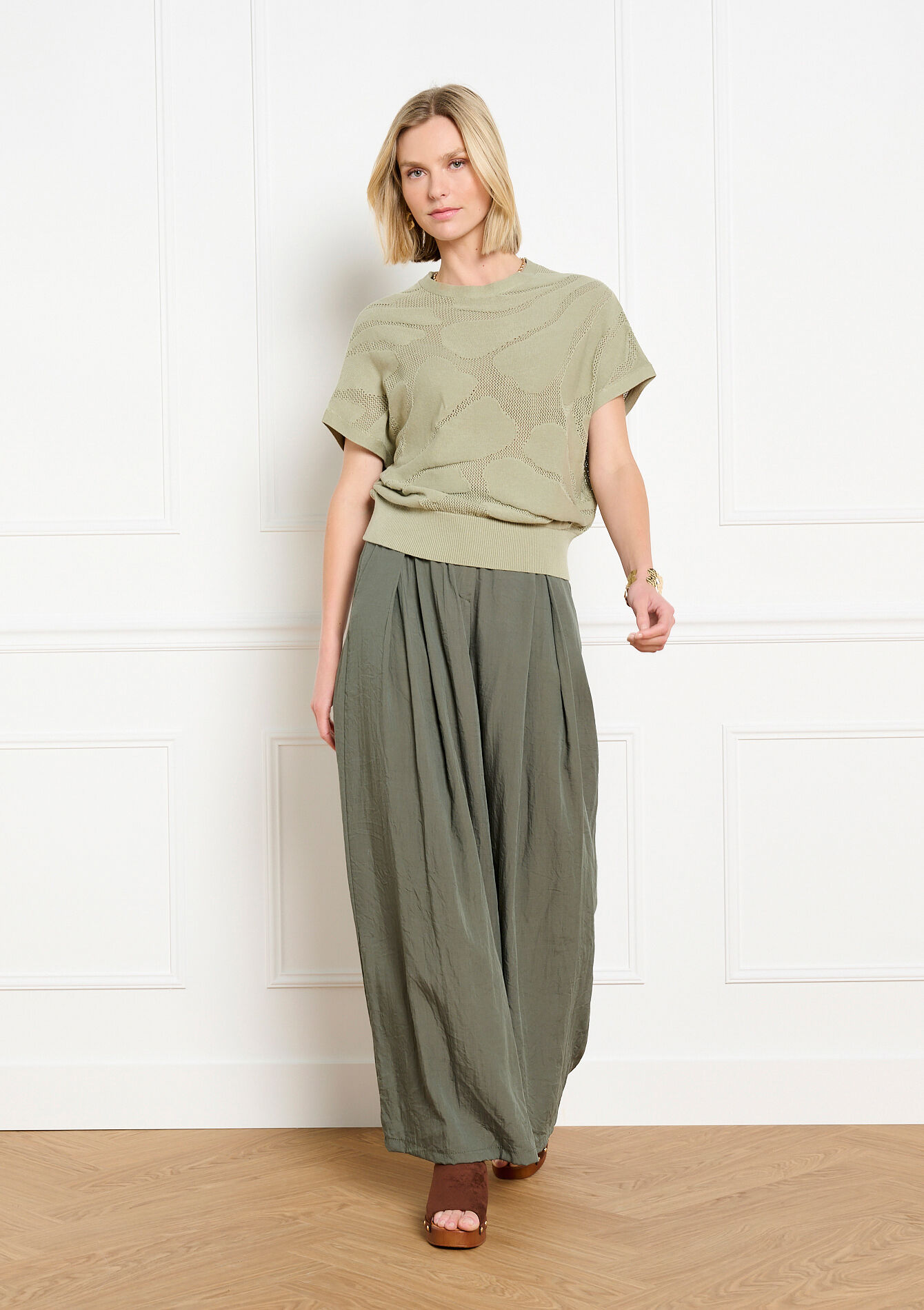 Gehaakte top met korte mouwen - KHAKI FADED - 04007076_4326