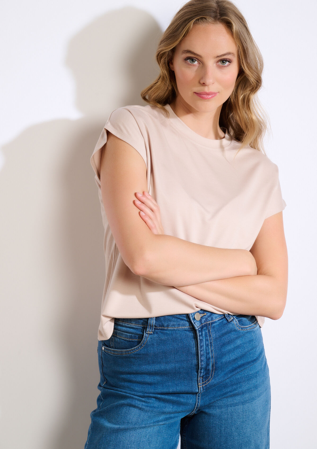 T-shirt fluide à épaules cap - LT BEIGE - 02301869_2527