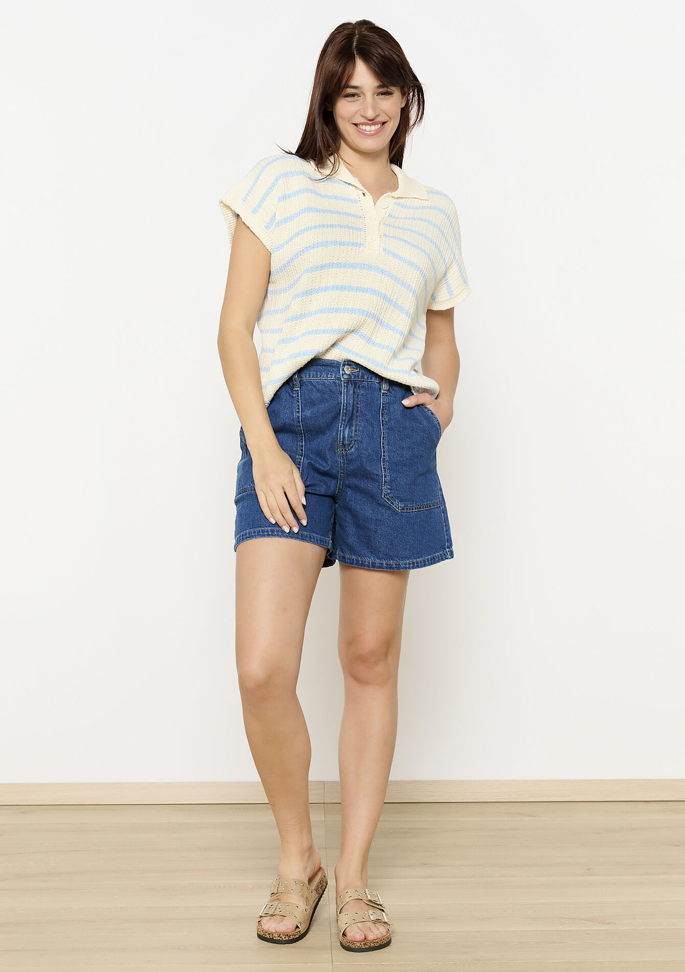 Gestreepte gebreide polotop - VANILLA WHITE - 04006967_1013