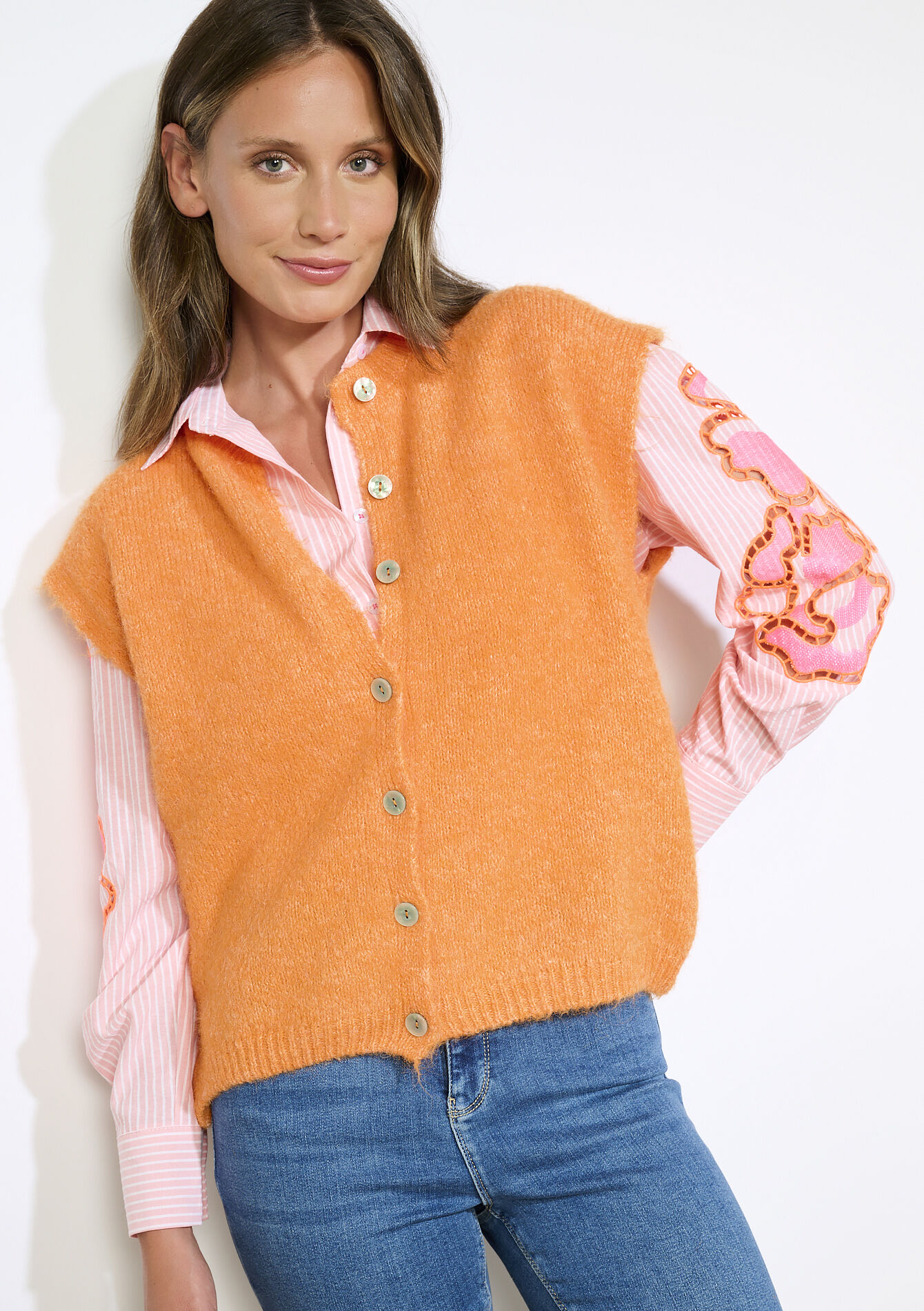 Mouwloos gebreid gilet, Mouwloos gebreid gilet - ORANGE BRIGHT - 04101362_1255