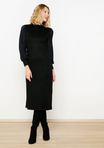 Pullover dress with lace sleeves - BLACK - 08602282_1119