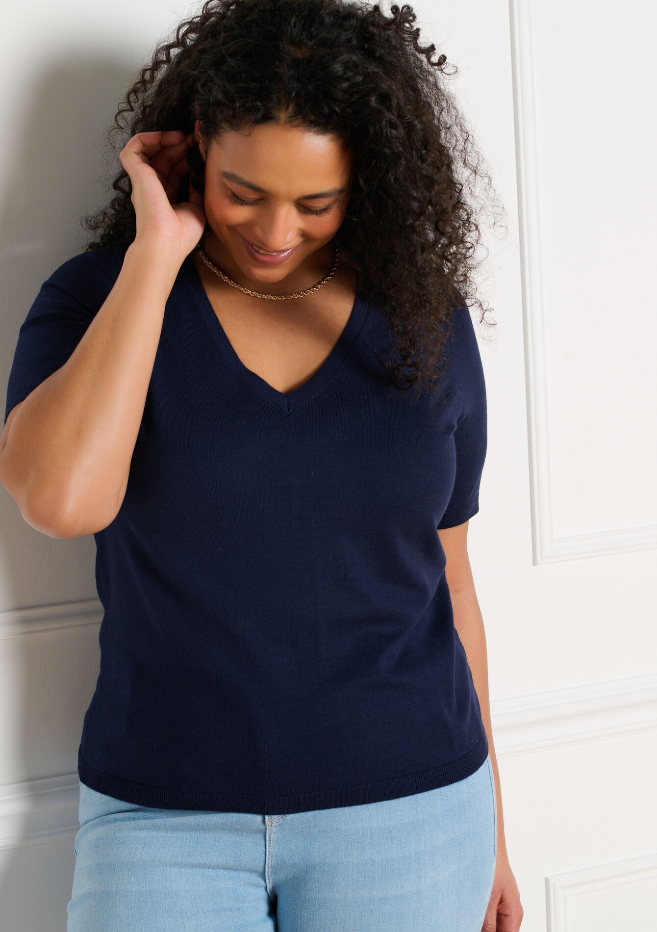 Korte mouwen V-hals top, , back