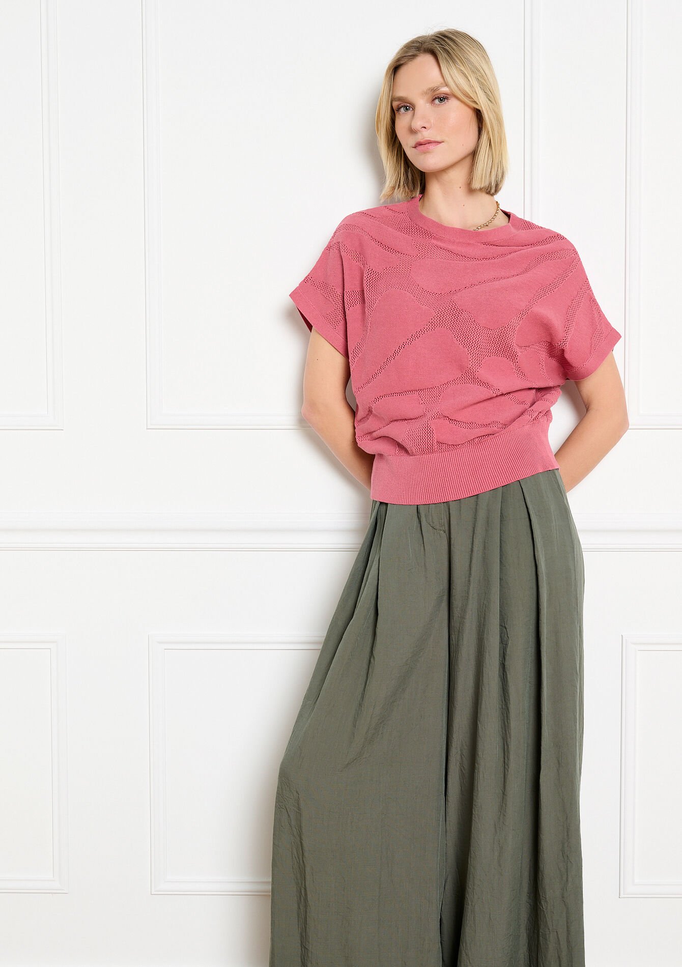 Gehaakte top met korte mouwen - COSMETIC PINK - 04007076_5733