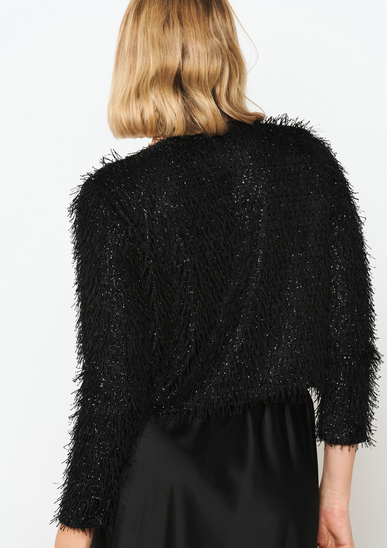Korte lurex trui met franjes, Korte lurex trui met franjes - BLACK - 04006380_1119
