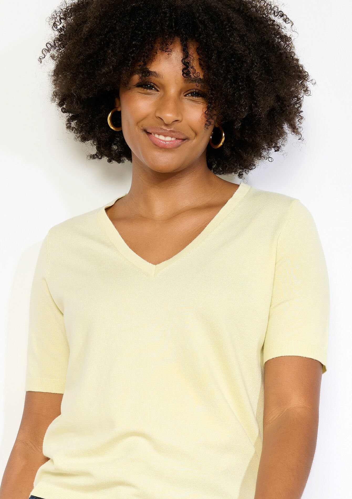 Korte mouwen V-hals top - YELLOW PASTEL - 04007025_5004