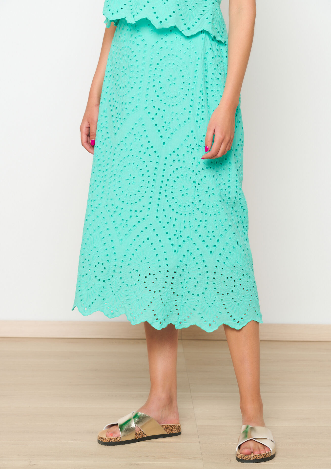 Midi skirt in broderie anglaise, Midi skirt in broderie anglaise - MINT GREEN - 07101239_1723