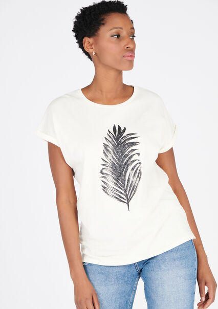 T-shirt met bladerprint en glitters - WHITE SAND - 02300903_1041