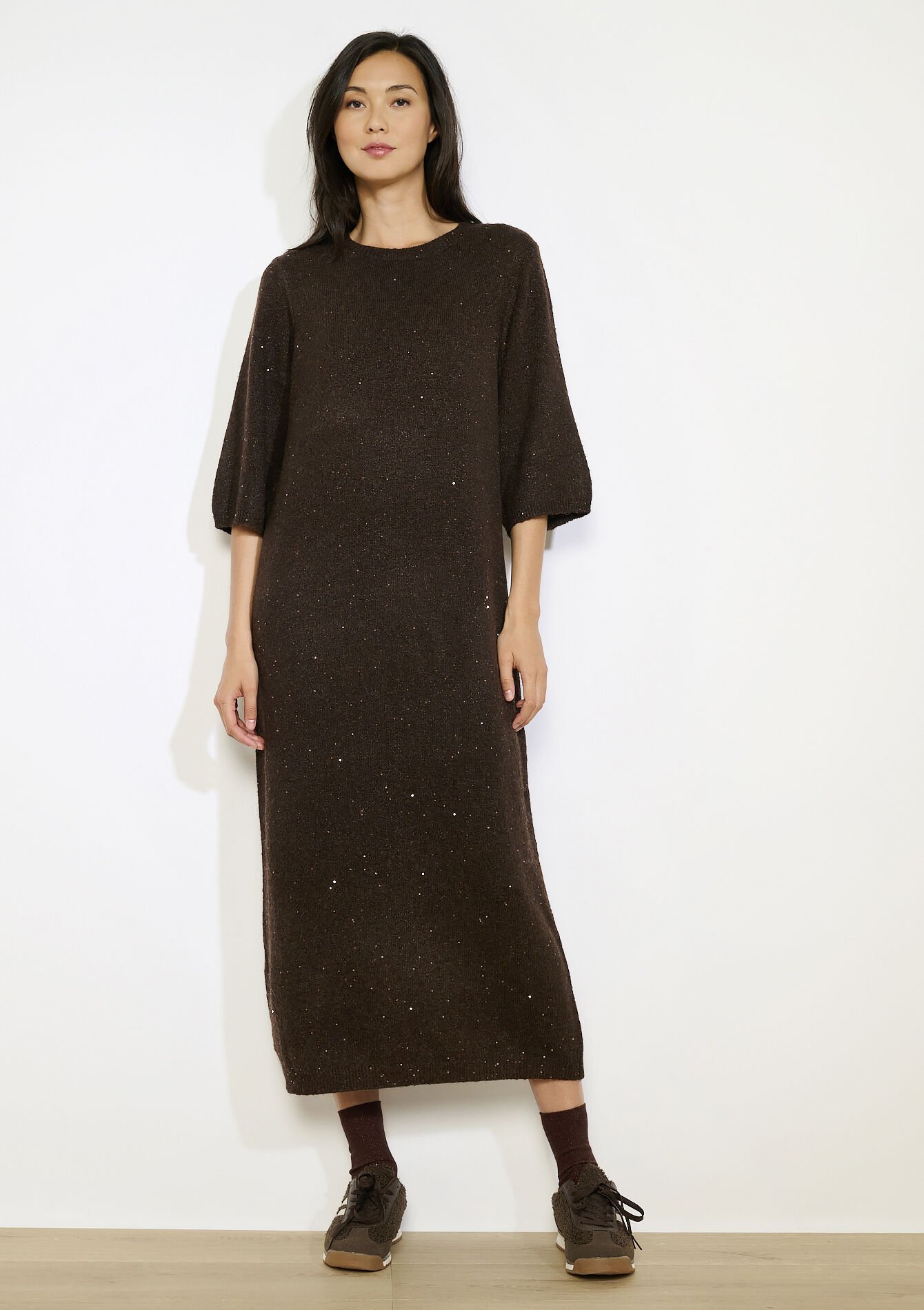 midi gebreide jurk met pailletten, midi gebreide jurk met pailletten - CAMEL BROWN - 08104076_3818