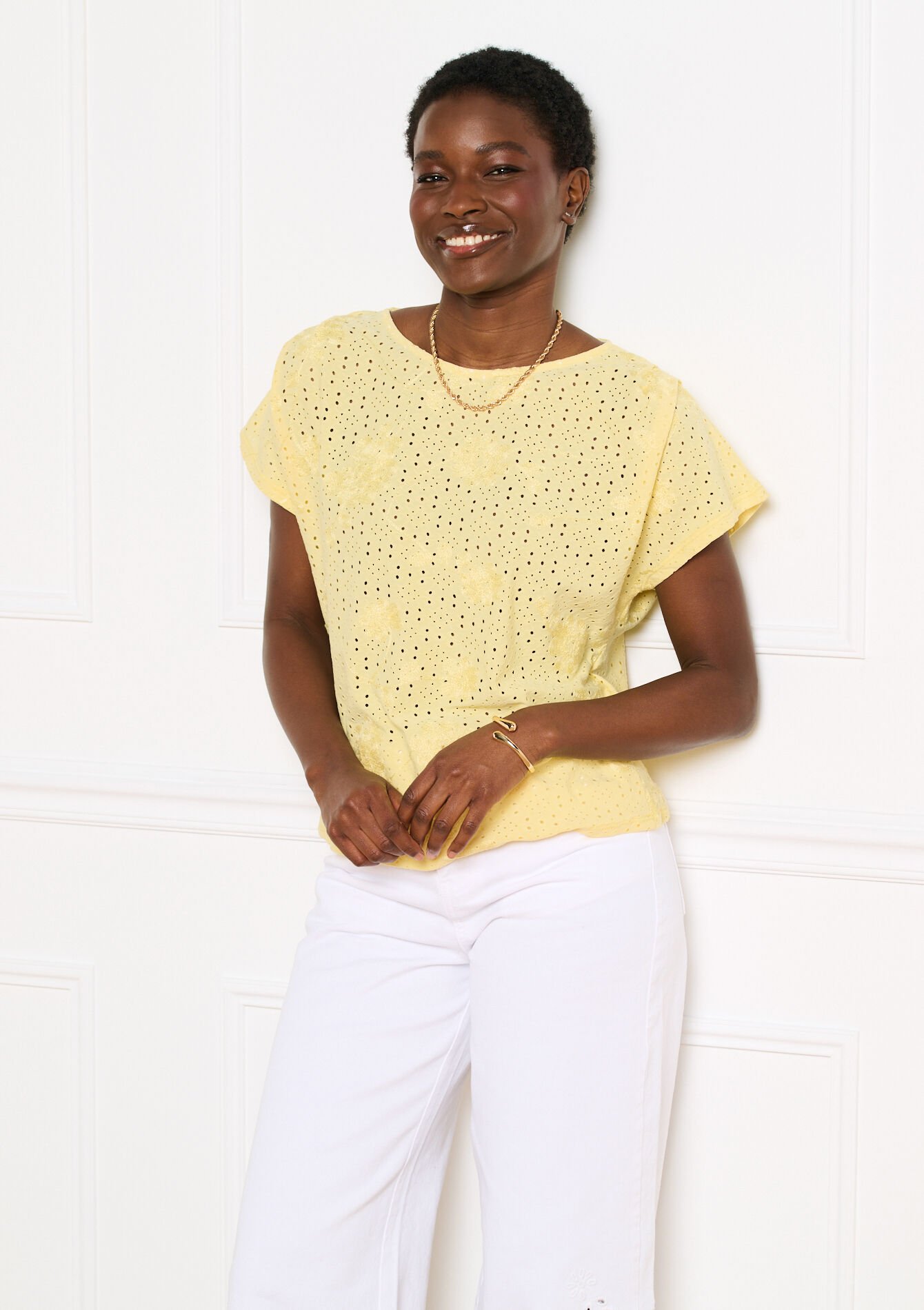 T-shirt met broderie - YELLOW PASTEL - 02302020_5004