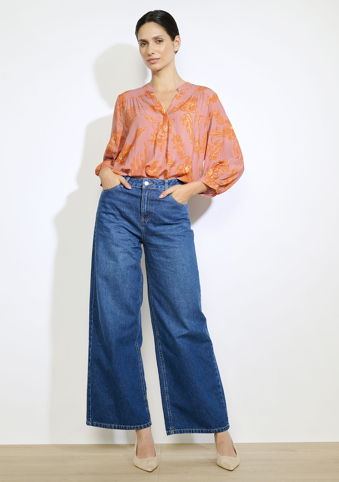 Wijde jeans met hoge taille - MEDIUM BLUE - 22000619_0500