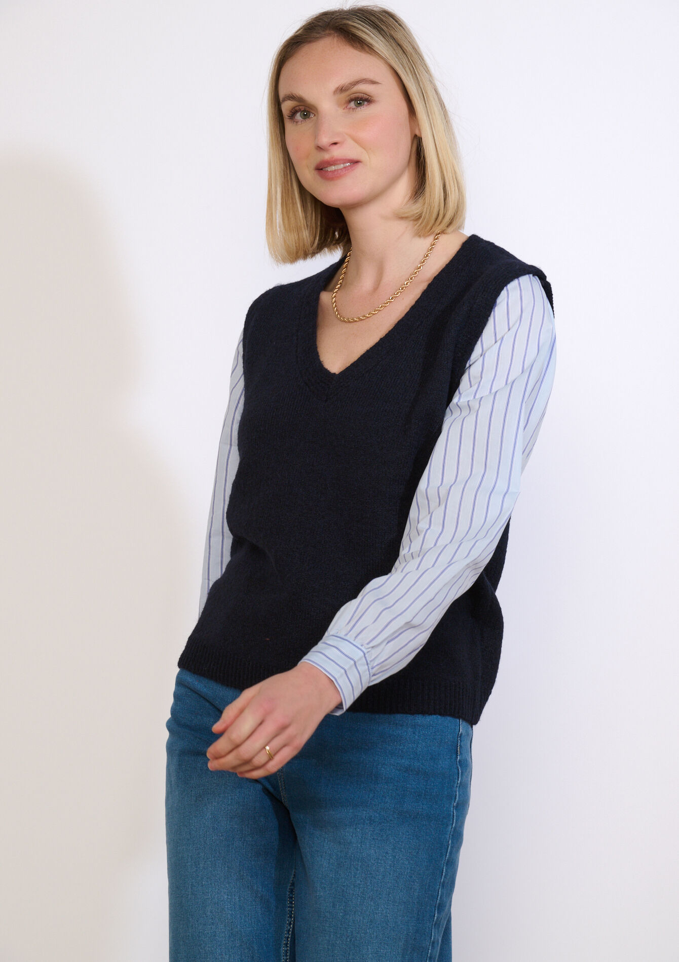 Trui met poplin laagjeslook - NAVY BASIC - 04007167_2723