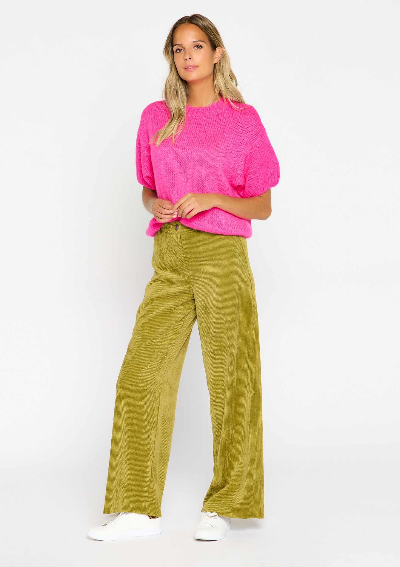 Short-sleeved knitted pullover - FLUO PINK - 04005967_5727