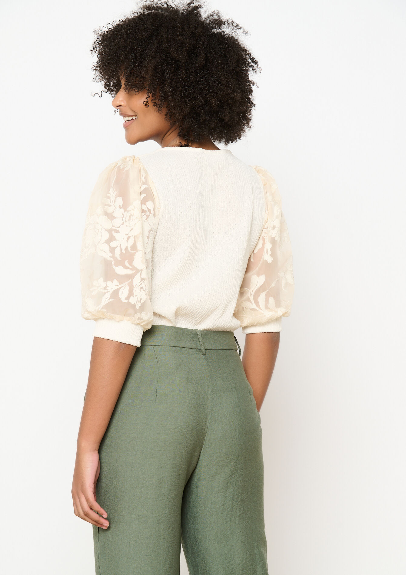 Embroidered sleeve textured top, Embroidered sleeve textured top - VANILLA WHITE - 02301764_1013