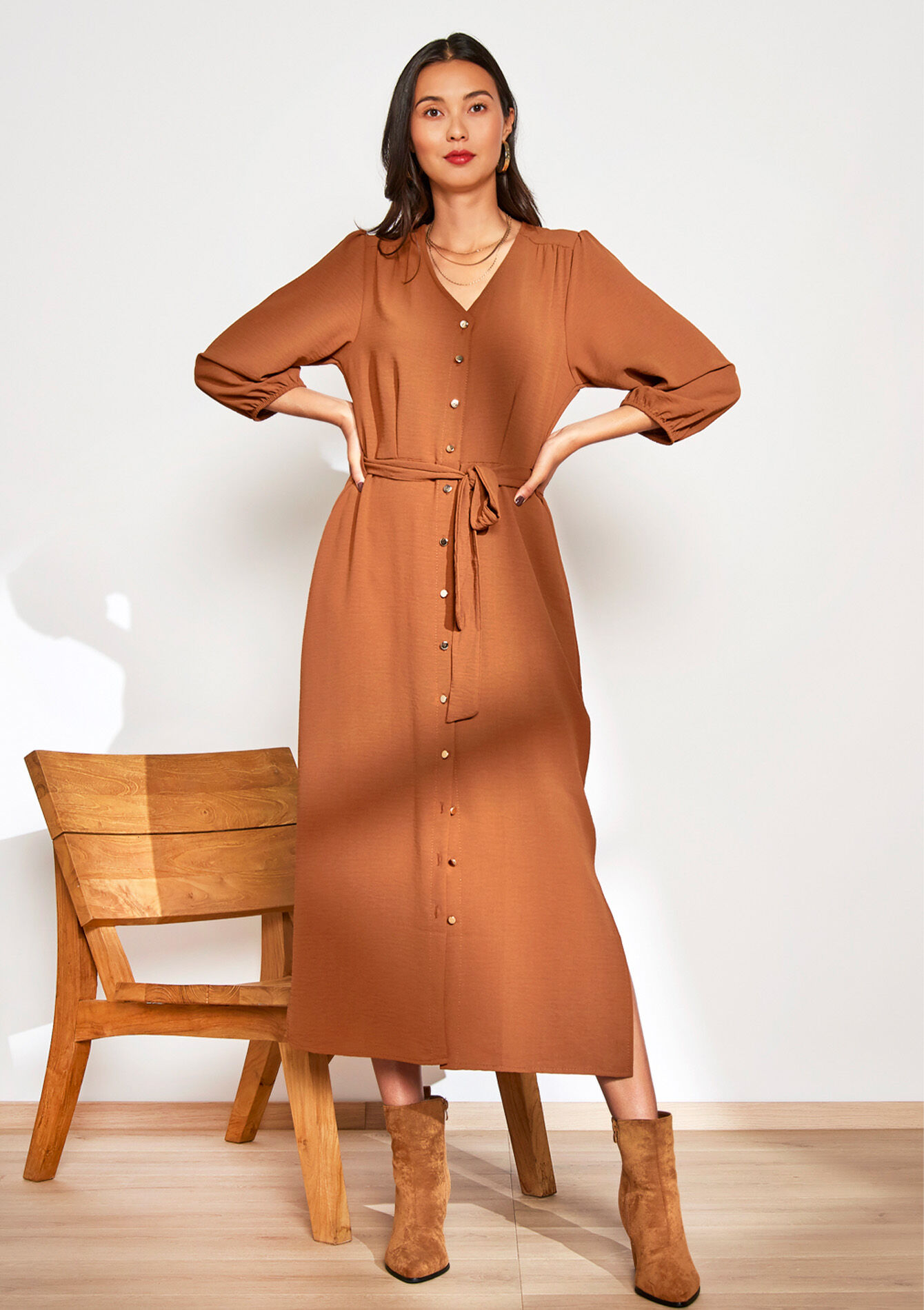 Midi dress in crinkle fabric, Midi dress in crinkle fabric - CARAMEL - 08602195_1953