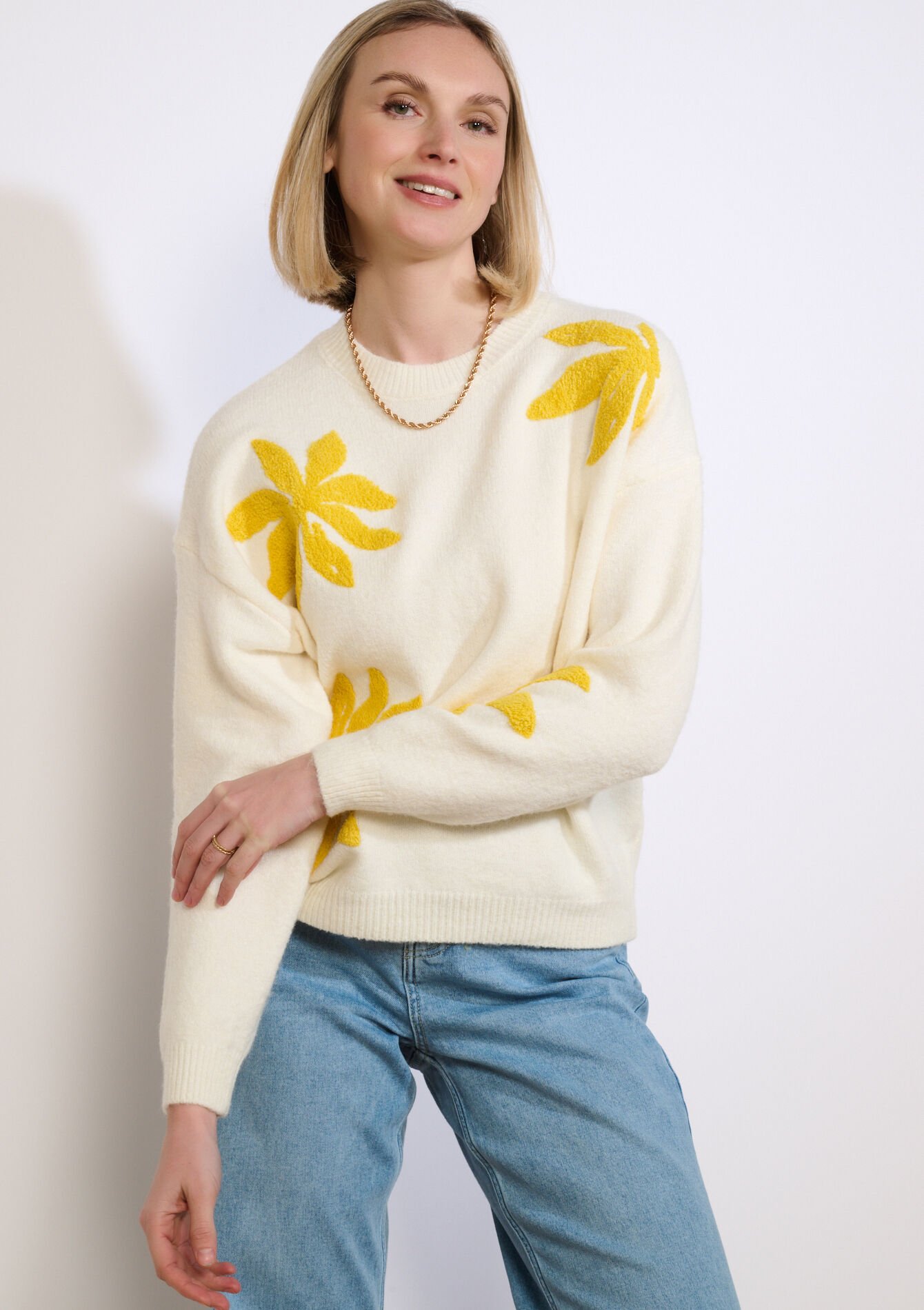 Textured floral knit sweater - VANILLA WHITE - 04007171