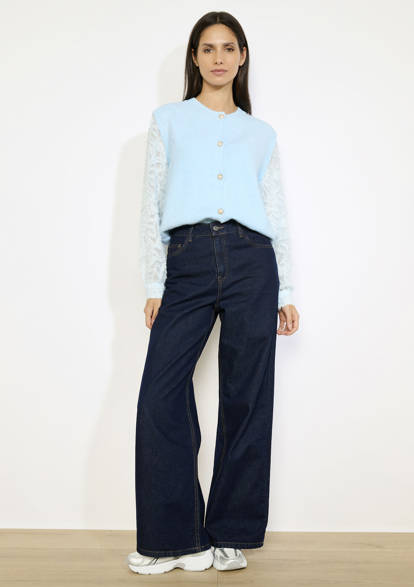 Gebreid vest met kantmouwen, Gebreid vest met kantmouwen - LT BLUE - 04007056