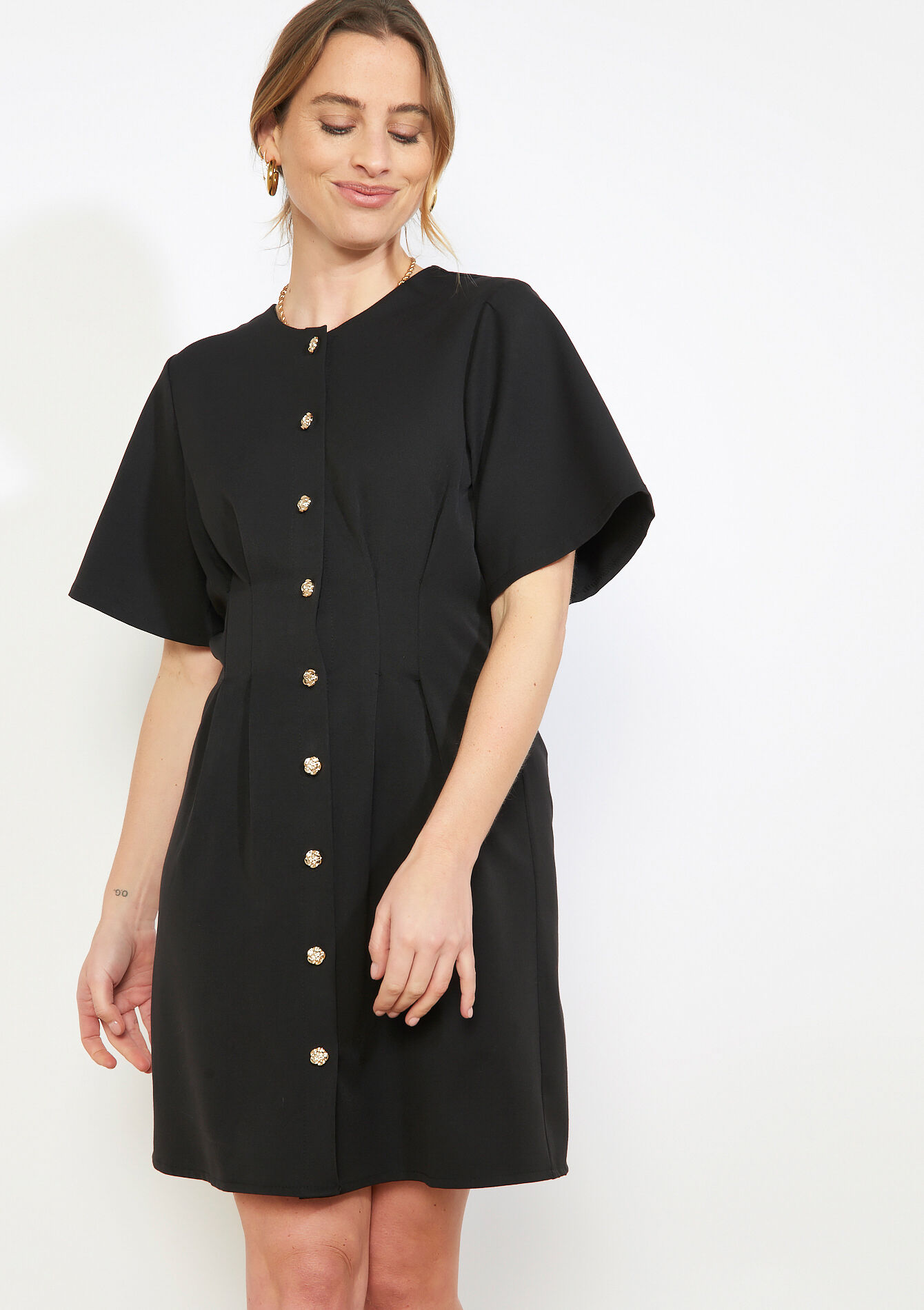 Korte jurk met knopen - BLACK - 08104450_1119