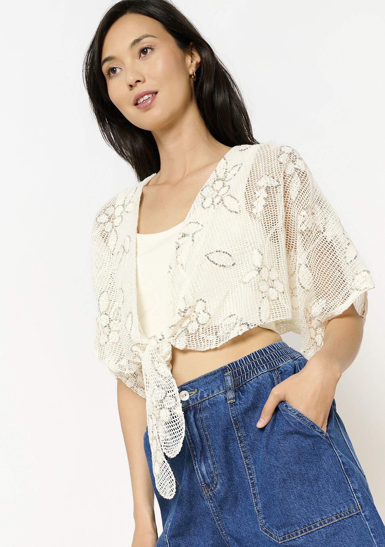 Boléro dentelle noué, Boléro dentelle noué - OPTICAL WHITE - 05702889_1019