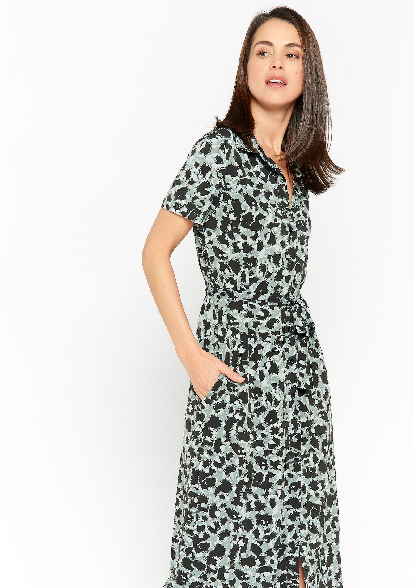 Shirt dress with leopard print - KHAKI FADED - 08103108_4326