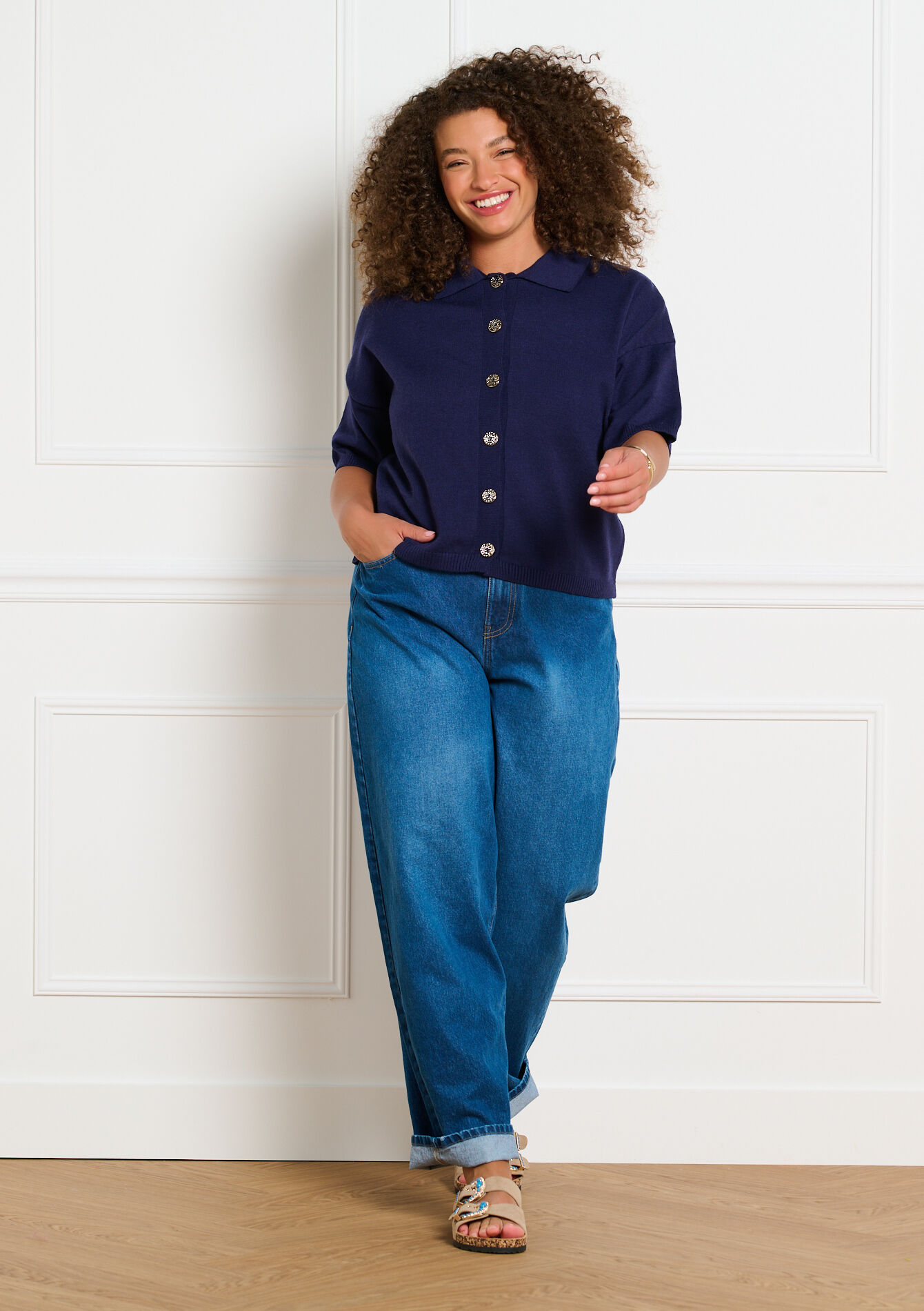 Kortemouw cardigan met polokraag - NAVY BASIC - 04101480_2723