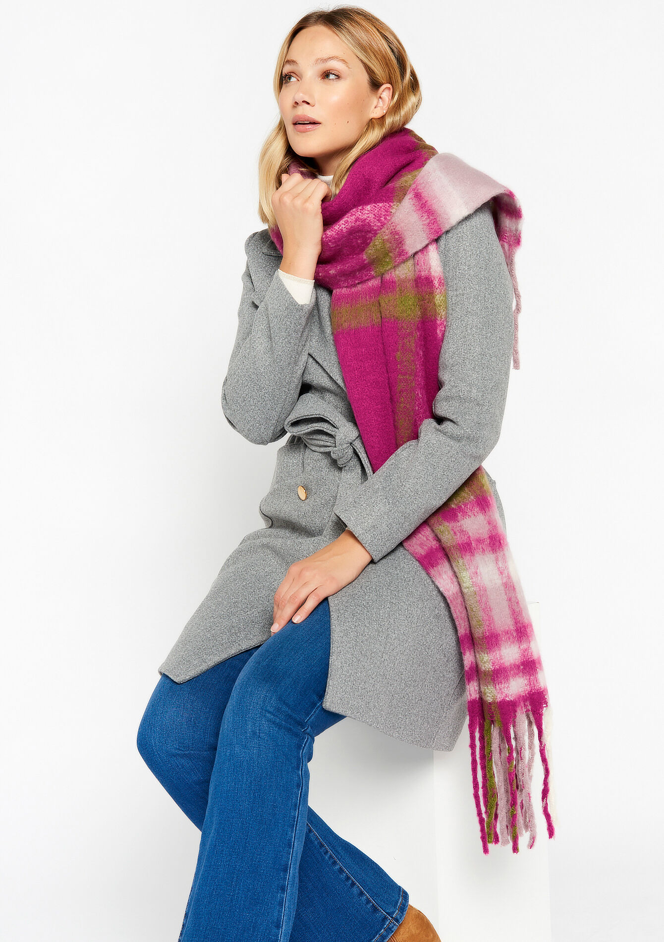 Geruite sjaal met franjes, Geruite sjaal met franjes - FUCHSIA - 1080200