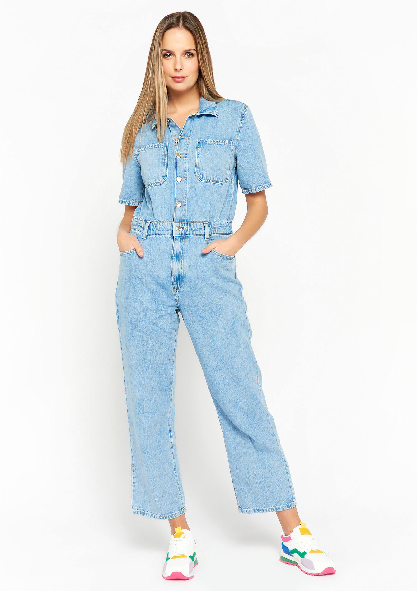 Denim boilersuit met korte mouwen, Denim boilersuit met korte mouwen - BLUE BLEACHED - 22000450_0502