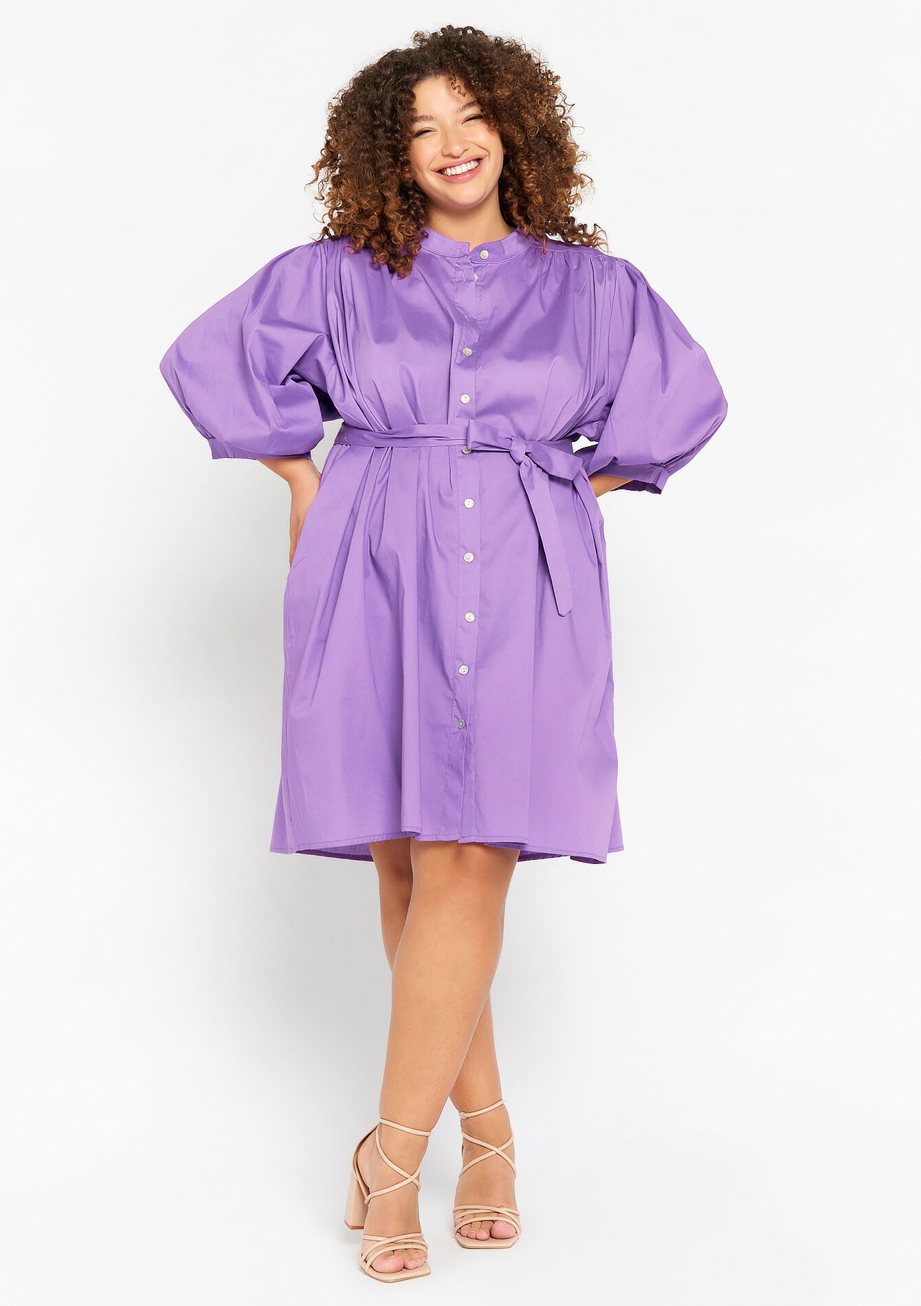 Robe-chemise avec manches ballon - PURPLE - 08103350_5902