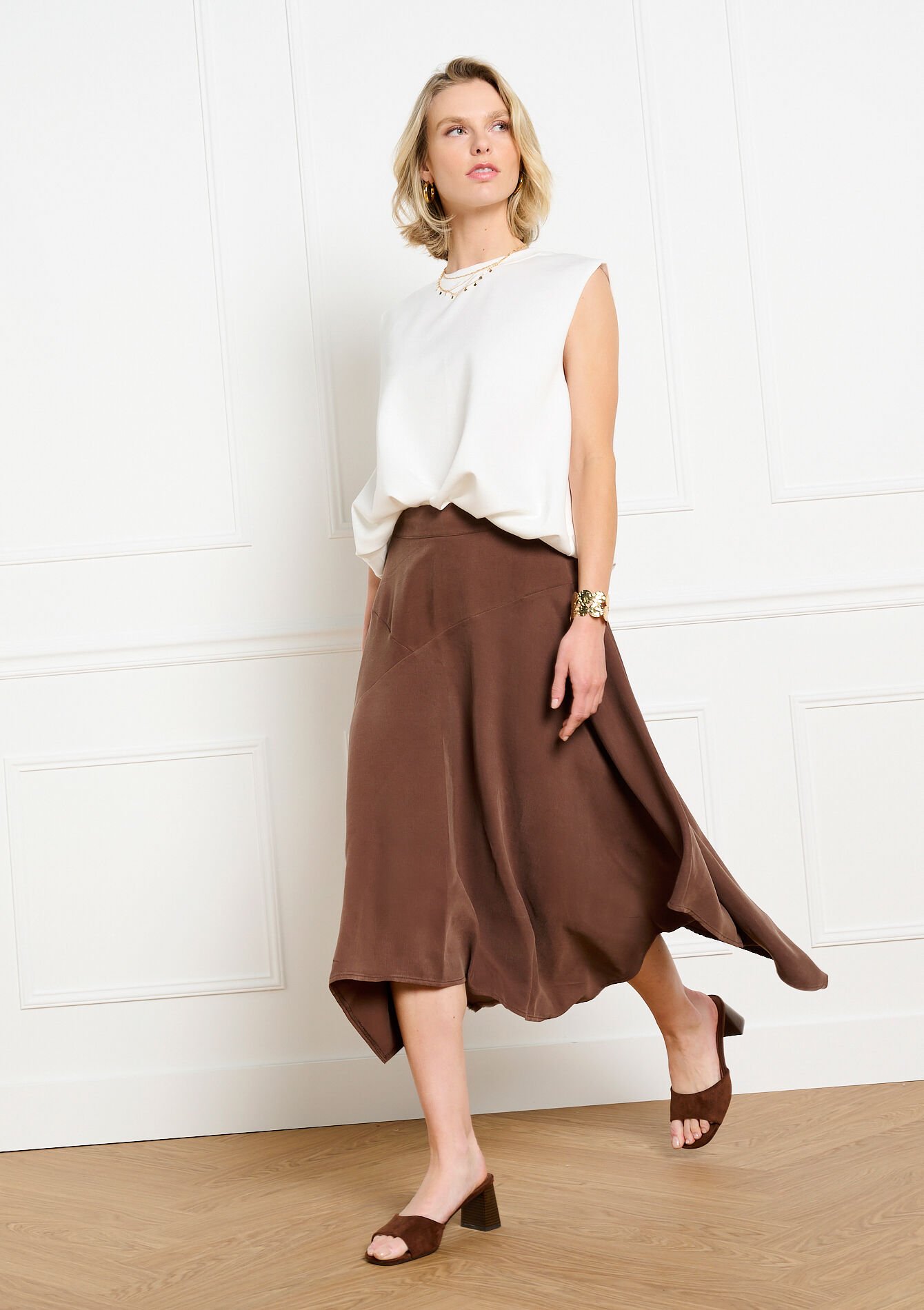 Asymmetrische midi rok - BROWN DARK CHOCOLATE - 07101497_3720