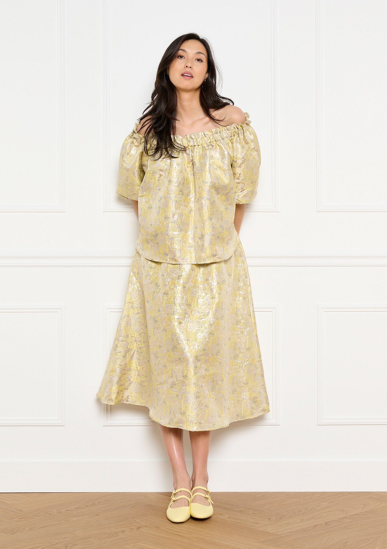 Jupe midi jacquard évasée - YELLOW PASTEL - 07101492_5004