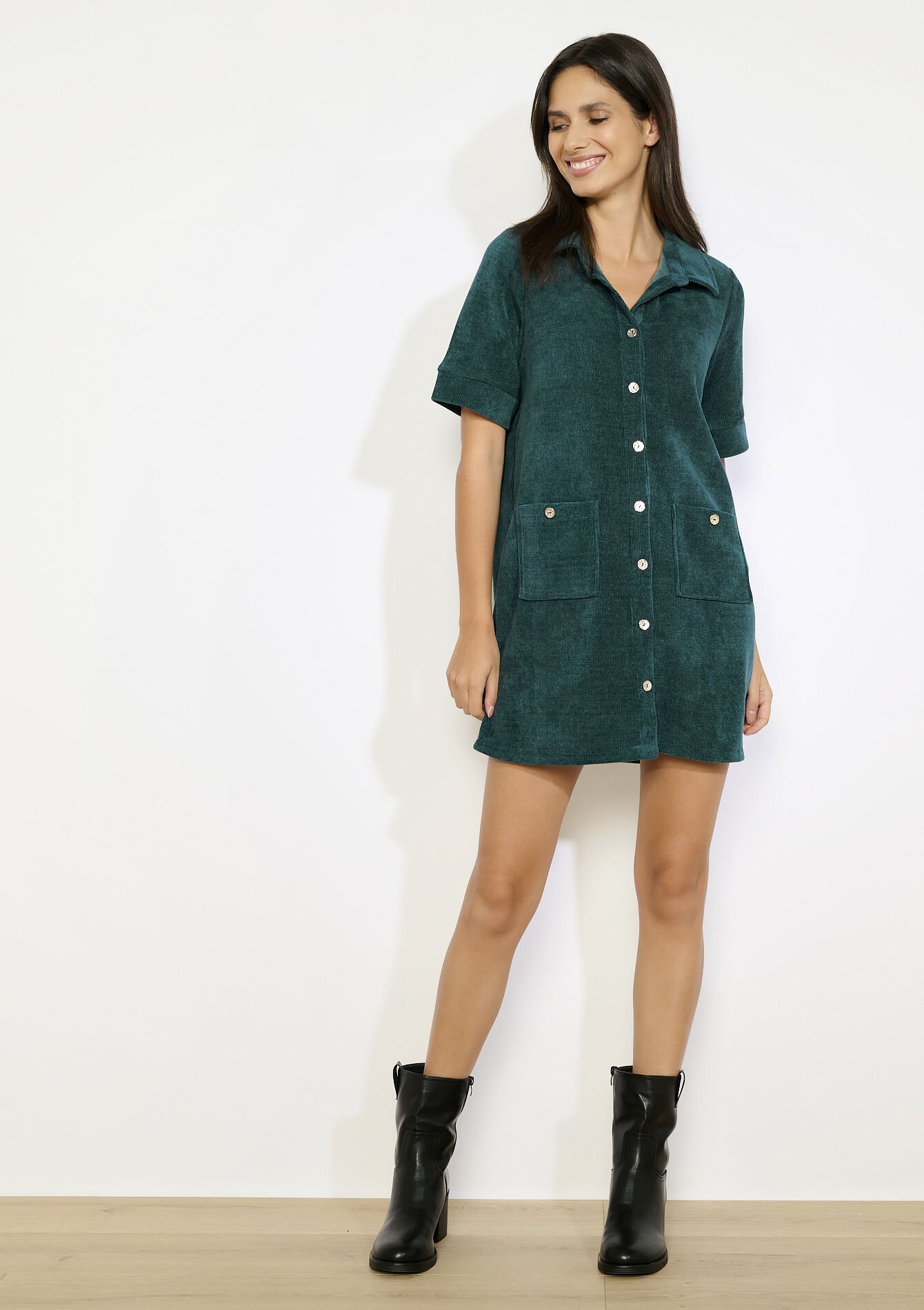 Robe courte boutonnée - BOTTLE GREEN - 08104309_1778