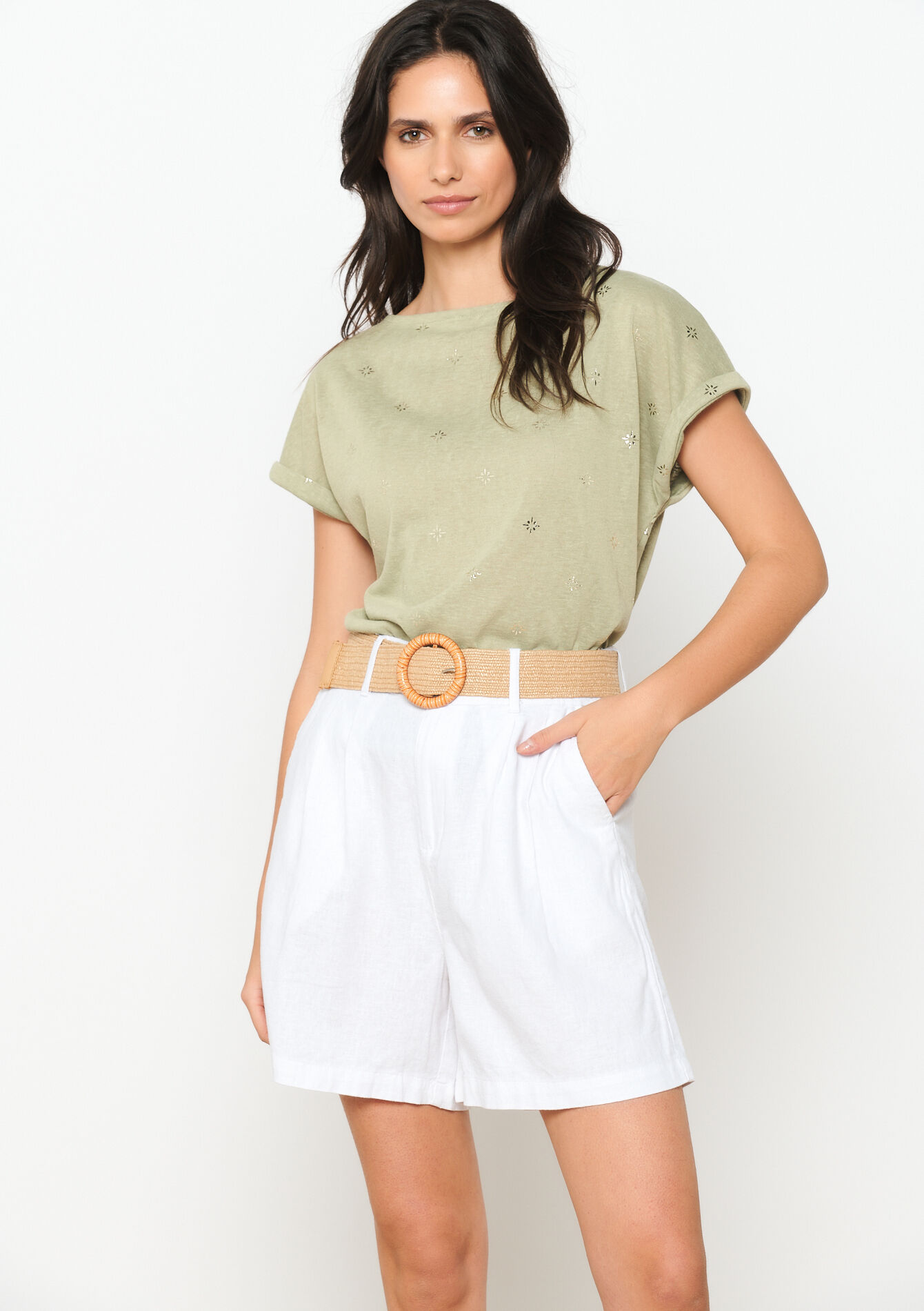 Linnen short met riem - OPTICAL WHITE - 06100577_1019